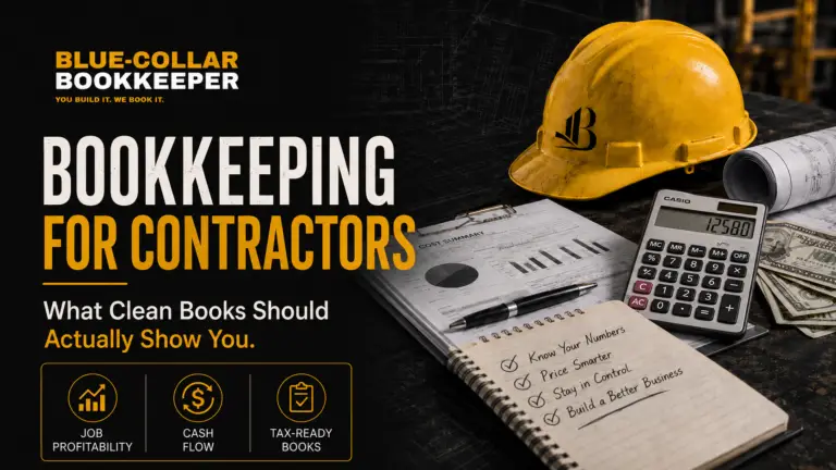 A yellow hard hat, calculator, coffee cup, and notepad sit on a desk with Bookkeeping for Contractors text—your guide to effective bookkeeping for contractors. Icons show job profitability, cash flow, and tax-ready books.
