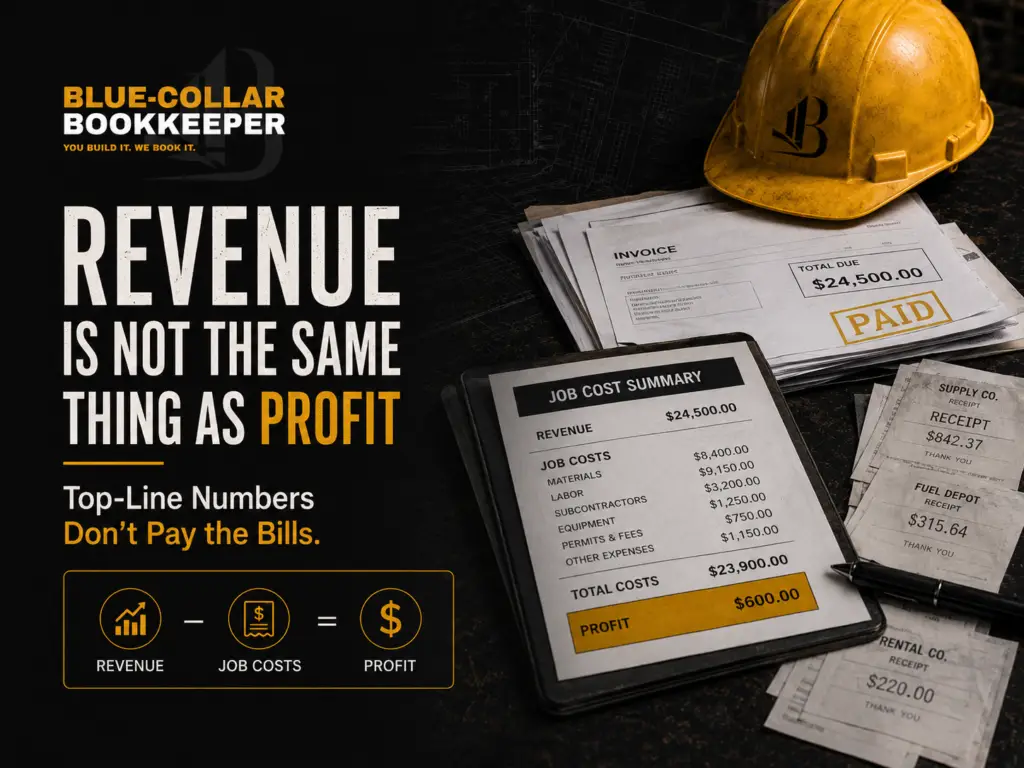 A hard hat, invoices, and financial documents on a desk illustrate the message: Revenue is not the same thing as profit. Top-line numbers don’t pay the bills—a lesson every contractor bookkeeping professional knows well. The Blue-Collar Bookkeeper logo is at the top left.