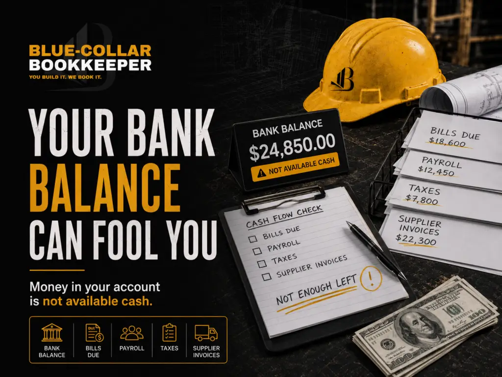 A yellow hard hat and cash sit near documents labeled bills, payroll, taxes, and invoices. Text warns your bank balance can be misleading if cash isn’t available for expenses—highlighting what contractor books should show to avoid surprises. Charts and icons emphasize accounting issues.