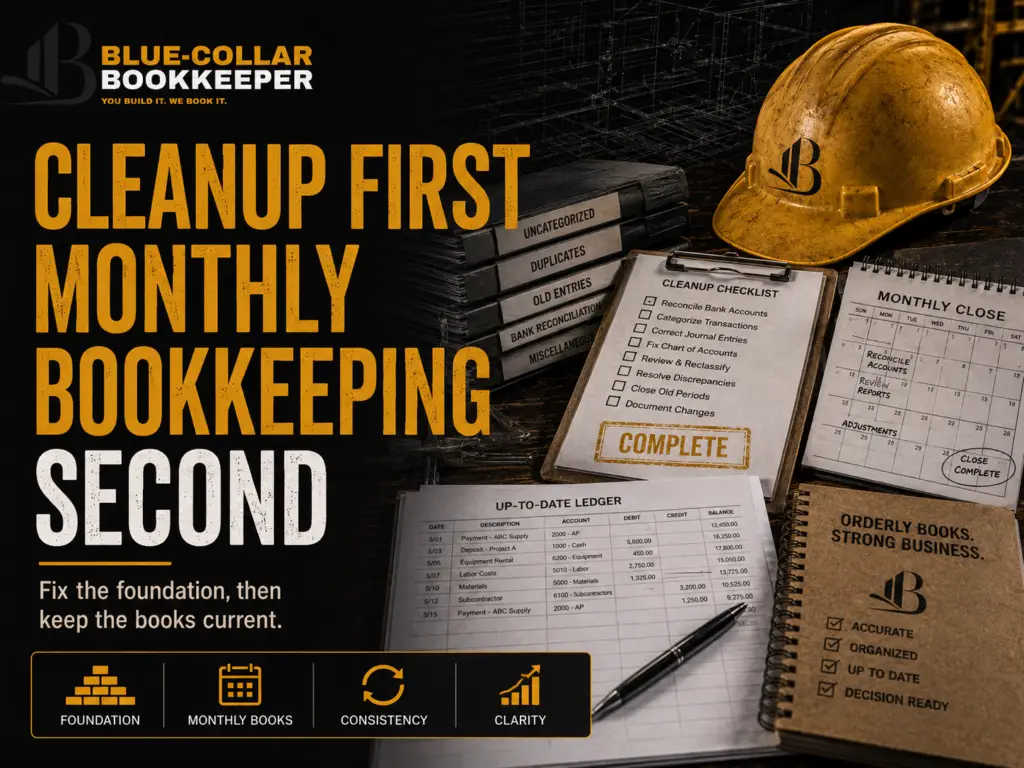 A desk with bookkeeping checklists, binders, a hard hat, and labeled files. Text reads: QuickBooks cleanup for contractors comes first, monthly bookkeeping second. Fix the foundation, then keep the books current. Various icons and checklists are shown.