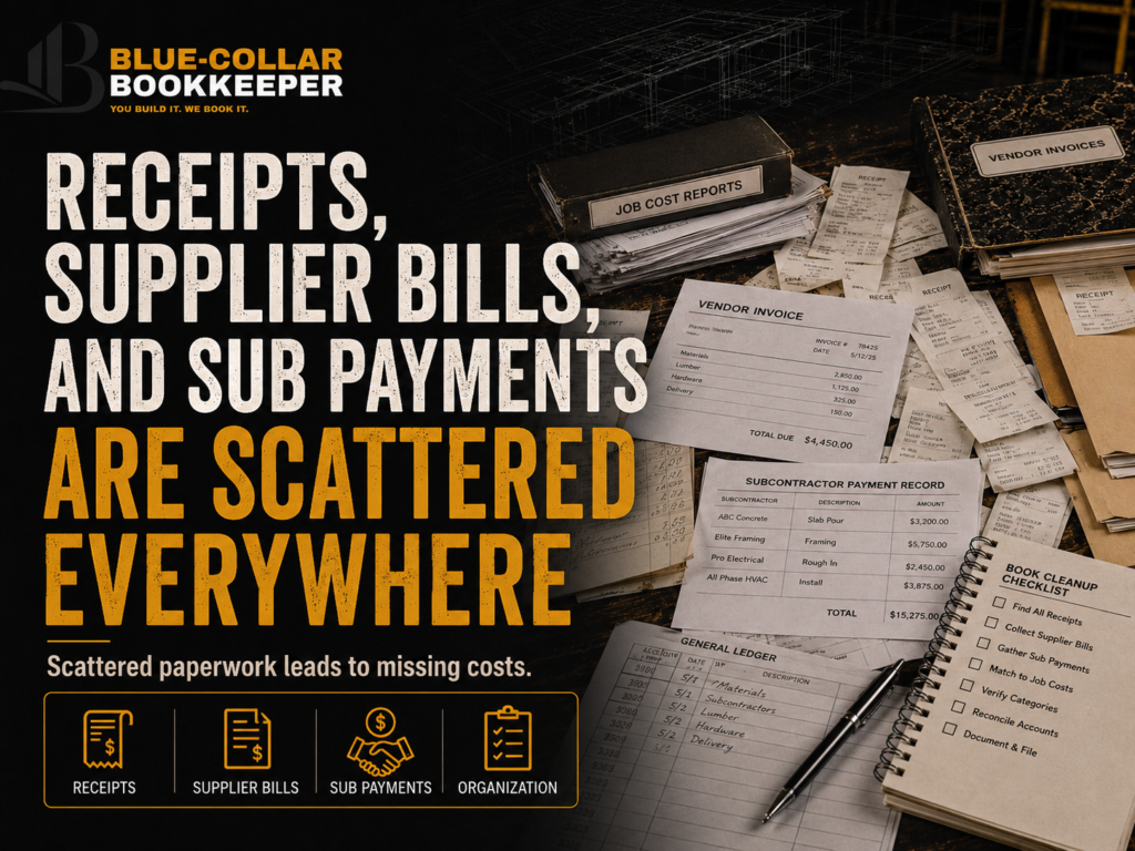 A cluttered desk covered with receipts, invoices, and paperwork. Large text reads: Receipts, supplier bills, and sub payments are scattered everywhere. Icons highlight receipts, bills, sub payments, and organization.
