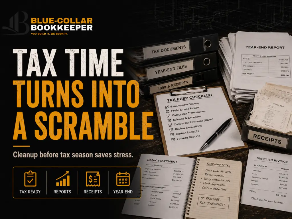 A cluttered desk with binders, papers, receipts, and tax prep checklists. Bold text reads Tax time turns into a scramble. The Blue-Collar Bookkeeper logo is shown, emphasizing the importance of tax-ready books for contractors to stay organized this tax season.