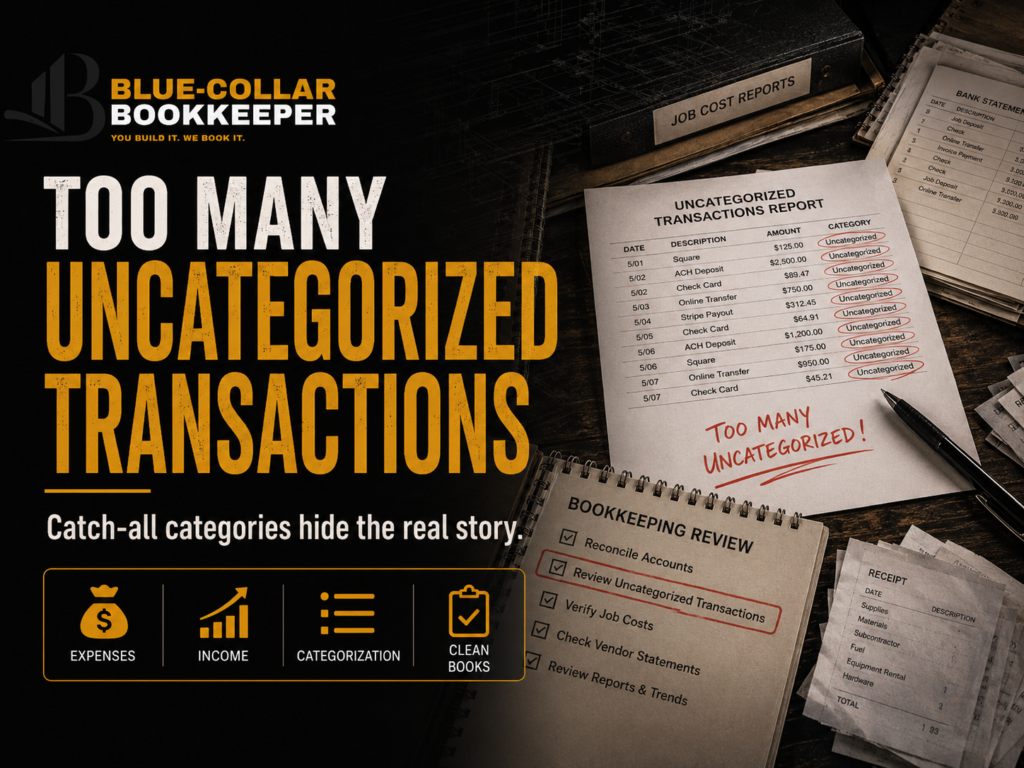A report with many uncategorized transactions, a notebook checklist, and text emphasizing the risks of too many uncategorized transactions in bookkeeping, branded as Blue-Collar Bookkeeper.
