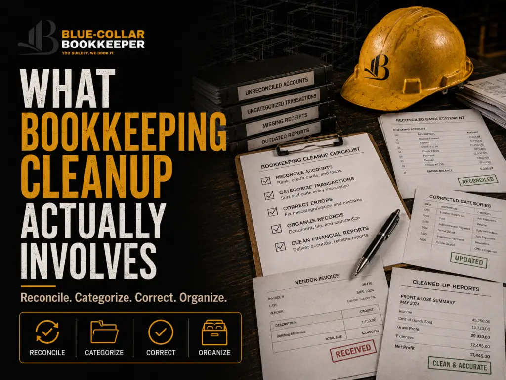 A desk with paperwork, a clipboard checklist, a yellow hardhat, a pen, and documents related to contractor bookkeeping cleanup. The text lists bookkeeping tasks and icons for reconcile, categorize, correct, and organize.