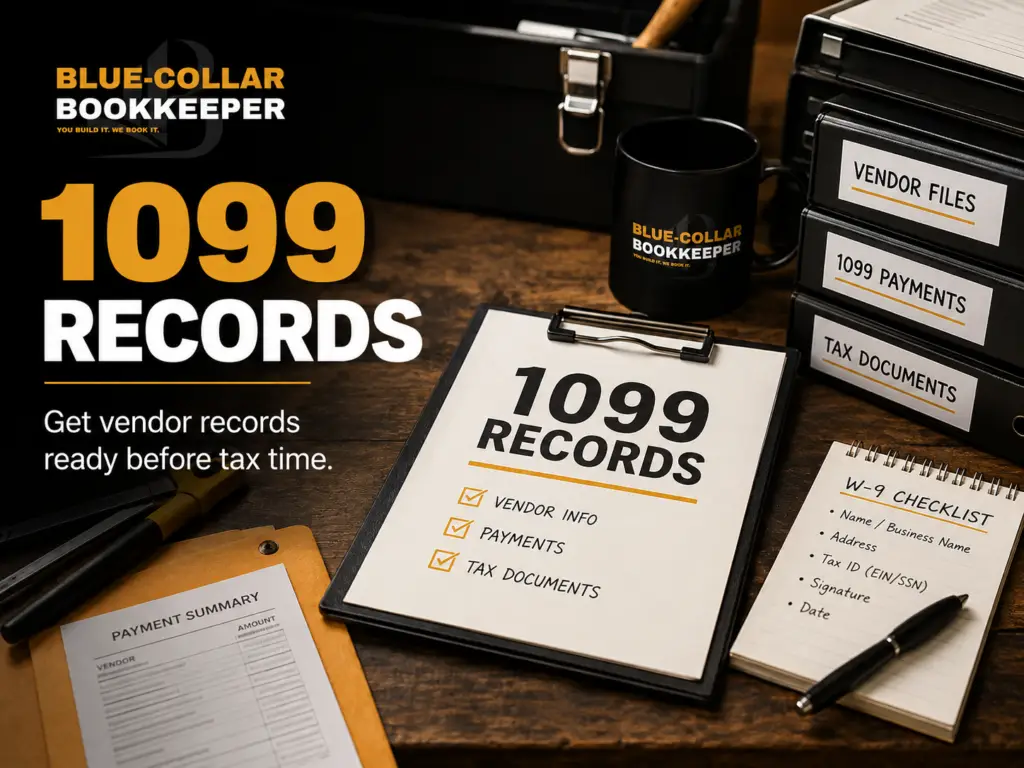 A workspace with a clipboard labeled 1099 Records, office supplies, vendor files, and a W-9 checklist, promoting getting vendor records ready for tax time for Blue-Collar Bookkeeper..