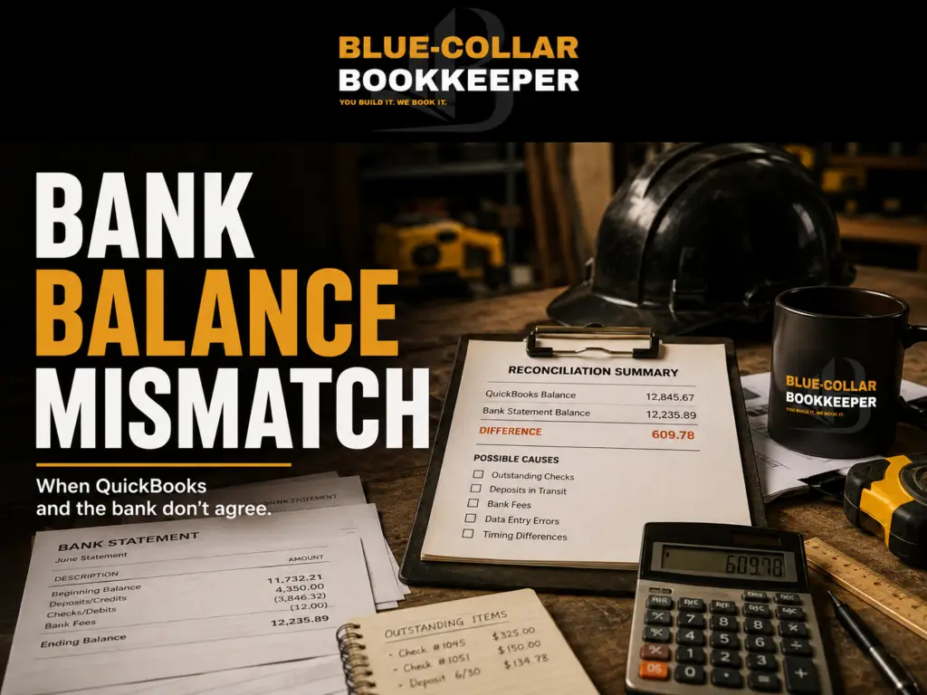 A desk with construction gear, a bank statement, calculator, clipboard showing a bank balance mismatch, and a mug labeled Blue-Collar Bookkeeper. Bold text reads: Bank Balance Mismatch—When QuickBooks and the bank dont agree….