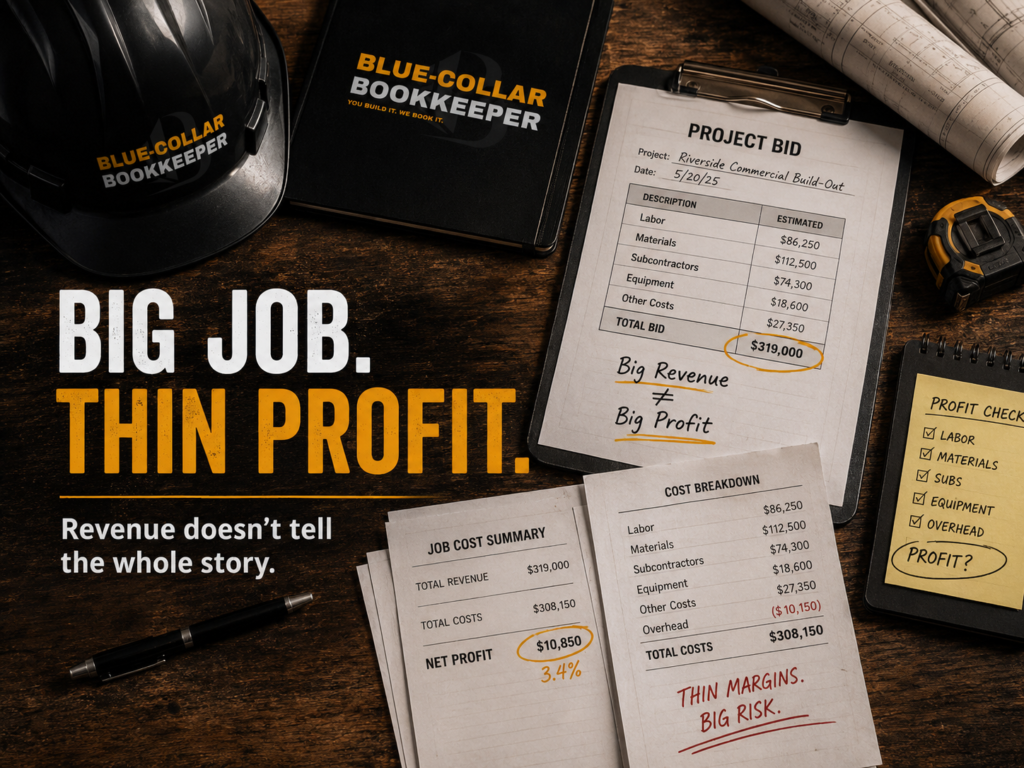 A construction-themed desk with financial documents, a hard hat, and a notebook labeled Blue-Collar Bookkeeper. Text reads: Big job. Thin profit. Revenue doesn’t tell the whole story—discover how job costing for contractors makes all the difference.