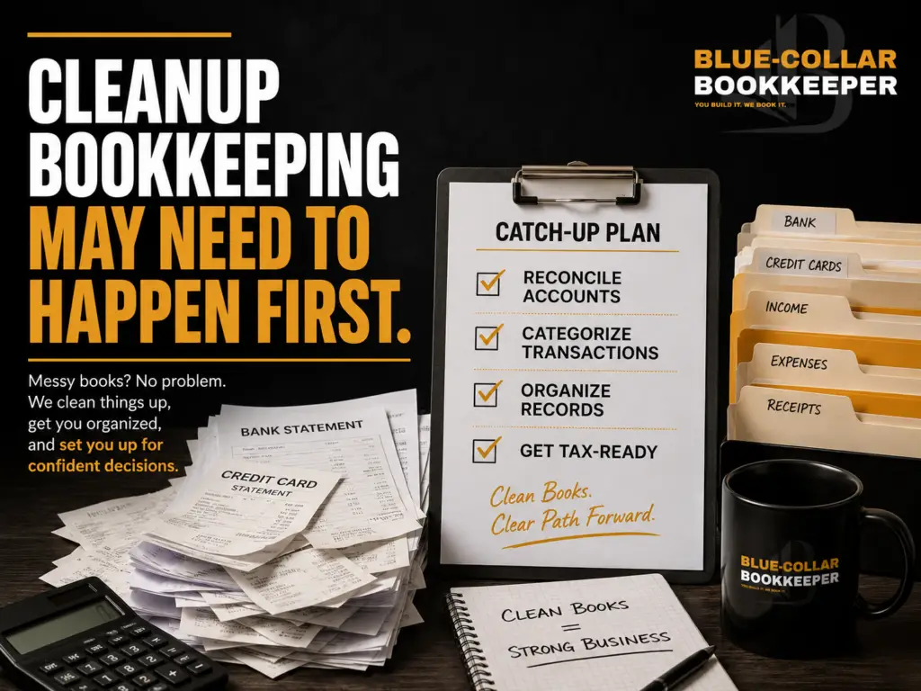 Desk with disorganized paperwork, a credit card, a CATCH-UP PLAN clipboard checklist, file folders labeled by account type, and a Blue-Collar Bookkeeper mug. Yellow and white text promotes bookkeeping cleanup services.