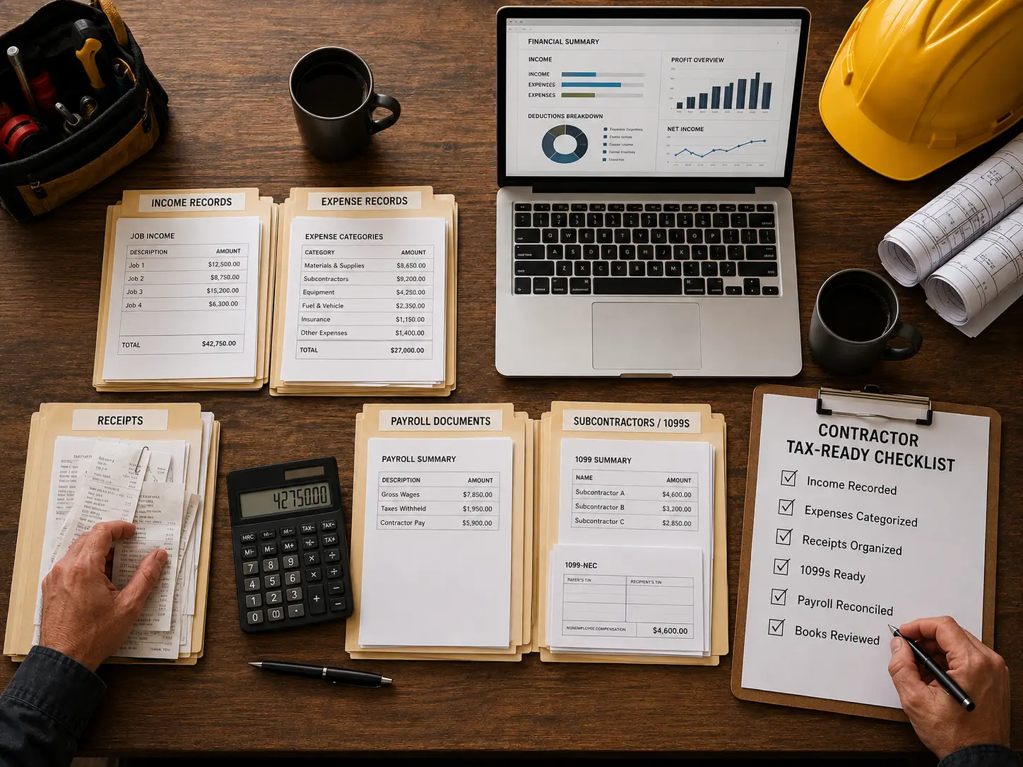 Overhead view of a desk with folders labeled for income, expenses, receipts, payroll, and taxes, a contractor checklist, a calculator, coffee mugs, a laptop displaying financial charts for tax-ready books for contractors, and a yellow hard hat.