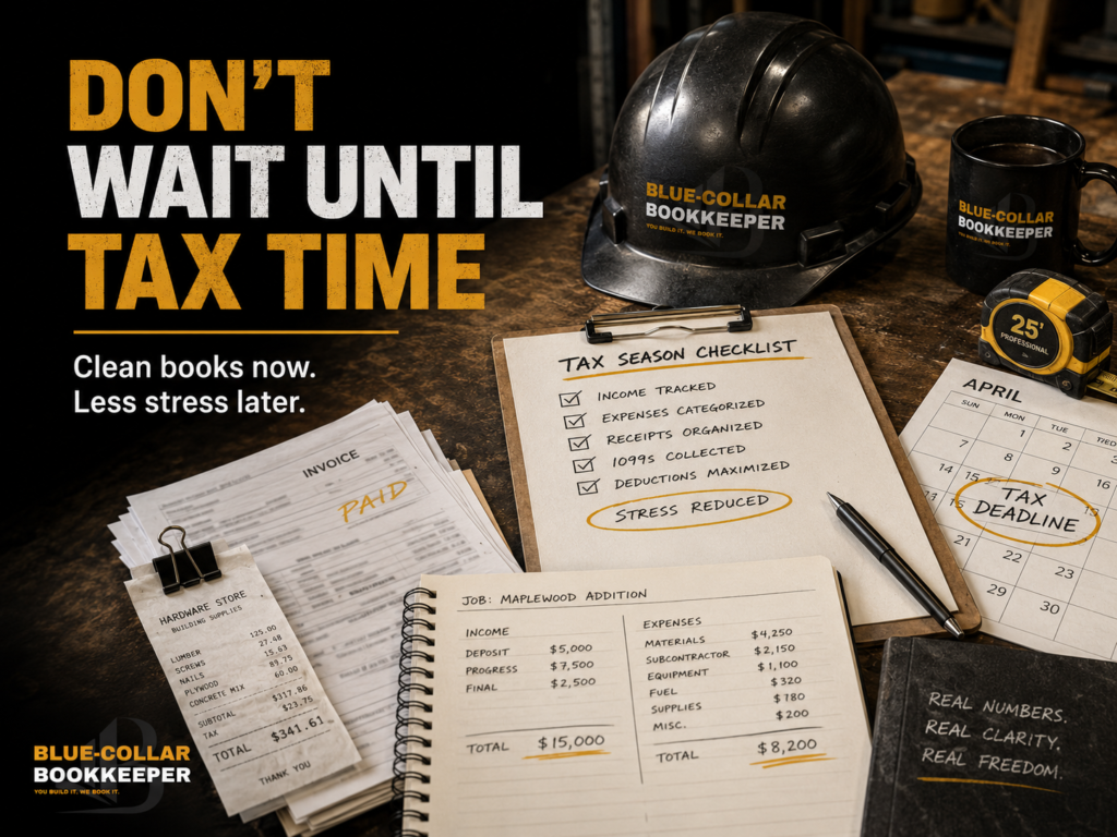 Desk with bookkeeping items: clipboard with tax checklist, calculator, hard hat, tape measure, and a calendar marked Tax Deadline. Text highlights stress reduction by using Blue-Collar Bookkeeper for clean, organized accounting.