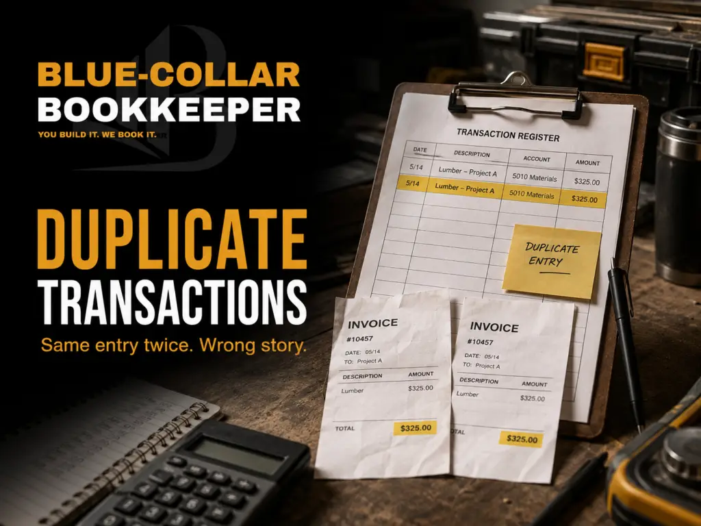 A clipboard shows two identical invoices labeled Duplicate Entry. Text reads Duplicate Transactions: Same entry twice. Wrong story. Items include a notepad, ruler, and calculator, promoting Blue-Collar Bookkeeper services.
