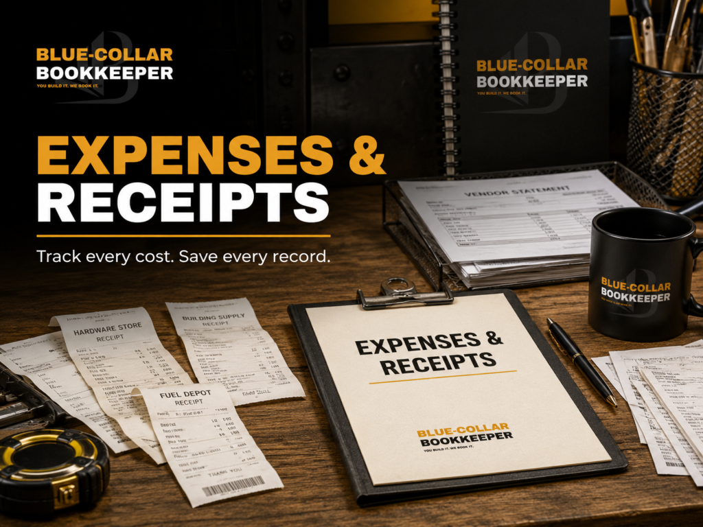 A desk with receipts, a clipboard labeled EXPENSES & RECEIPTS, a calculator, a mug, and BLUE-COLLAR BOOKKEEPER branding. Text reads: Track every cost. Save every record..
