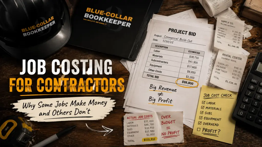 A desktop with a construction helmet, calculator, receipts, a notebook labeled Blue-Collar Bookkeeper, job cost checklists, and a report showing high costs and no profit, illustrating job costing for contractors.