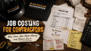 A desktop with a construction helmet, calculator, receipts, a notebook labeled Blue-Collar Bookkeeper, job cost checklists, and a report showing high costs and no profit, illustrating job costing for contractors.
