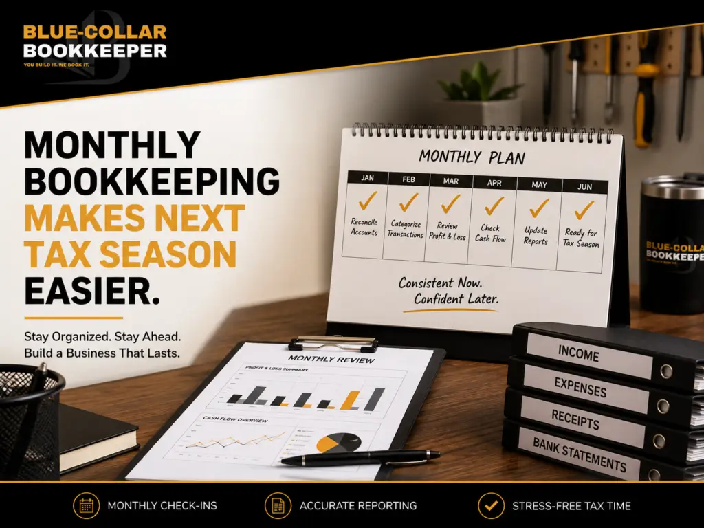 A desk with bookkeeping materials, including a monthly plan calendar, a report with charts, a coffee mug labeled Blue-Collar Bookkeeper, and labels for tasks like income, expenses, and receipts.