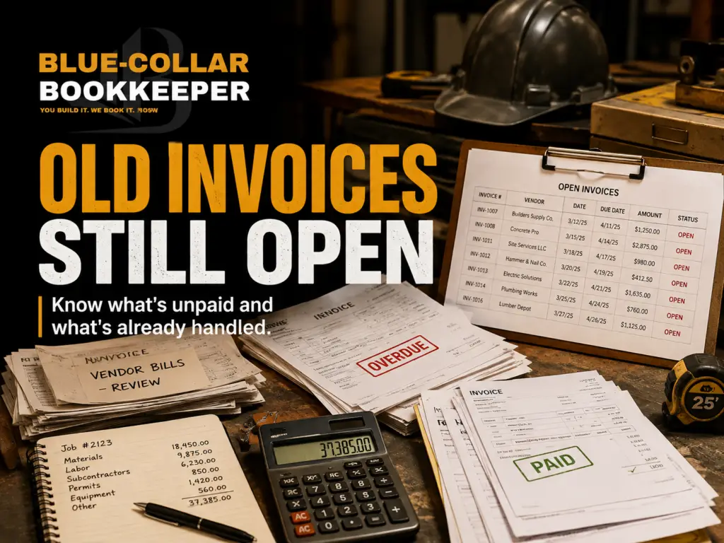 A cluttered desk with invoices, a calculator, hard hat, and papers labeled OPEN INVOICES and PAID. Bold text reads Old Invoices Still Open. The setting suggests accounting for construction or blue-collar businesses.