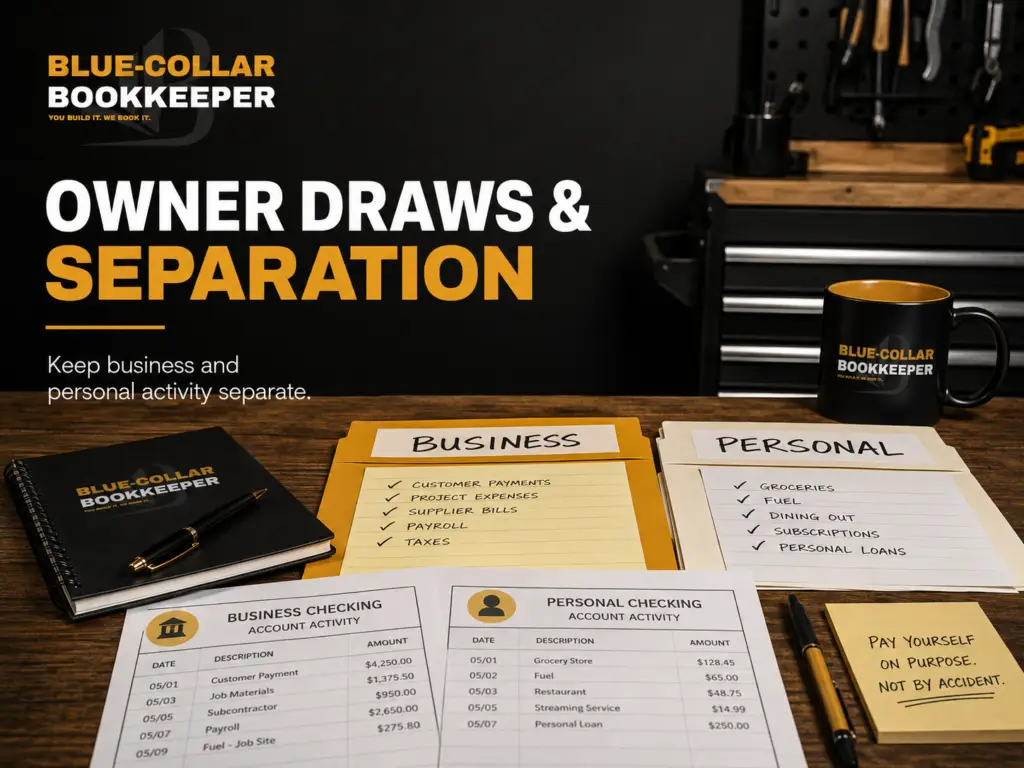 A workspace with labeled Business and Personal financial documents, a coffee mug, and a sign reading Blue-Collar Bookkeeper. Text emphasizes keeping business and personal finances separate.