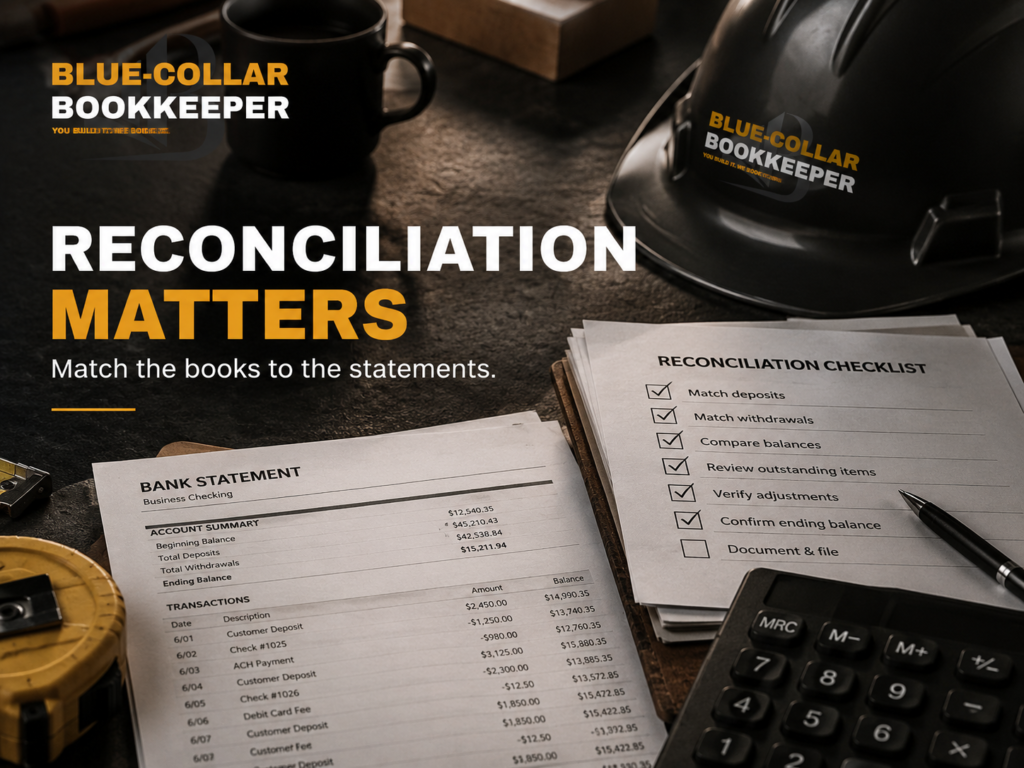 Desk with bank statements, a reconciliation checklist, calculator, pen, hard hat, and paper clips. Text: Reconciliation Matters. Match the books to the statements. Blue-Collar Bookkeeper branding visible..
