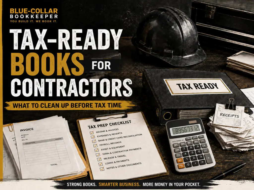 A desk displays tax documents, a tax prep checklist, calculator, hard hat, receipts, and an invoice, with bold text reading Tax-Ready Books for Contractors: What to Clean Up Before Tax Time..
