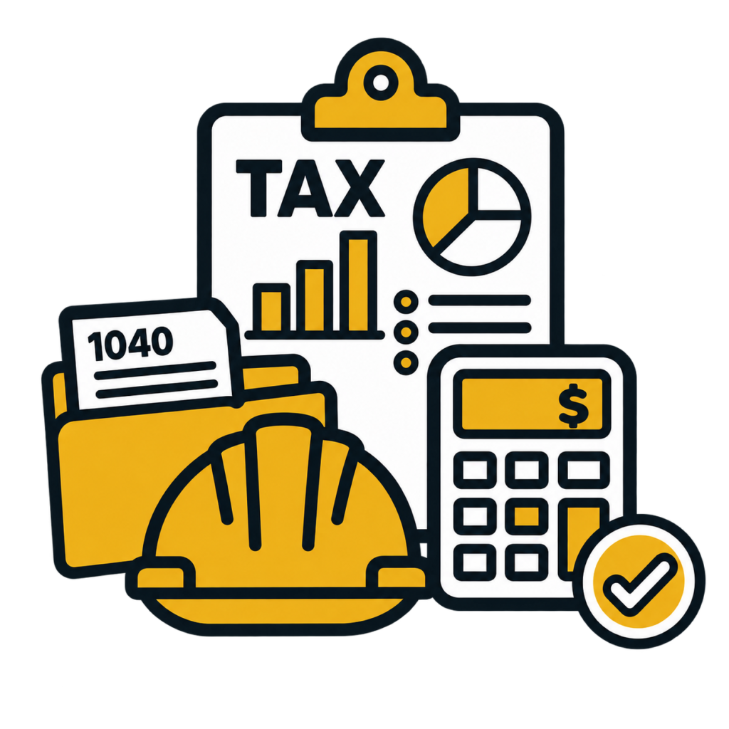 Illustration of a clipboard labeled TAX with charts, a file marked 1040, a calculator, a hard hat, and a checkmark symbolizing finance, taxes, construction work, and effective bookkeeping for contractors.