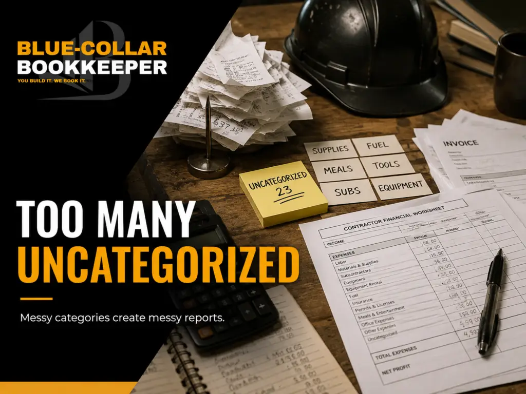 A cluttered desk with receipts, a hard hat, and labeled folders. A sticky note reads UNCATEGORIZED 23. Text says, Too Many Uncategorized—A messy QuickBooks file creates messy reports.