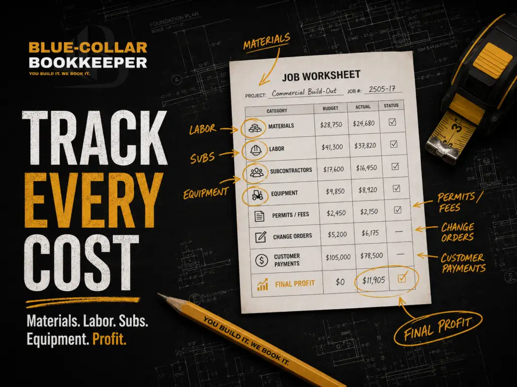 A worksheet on a clipboard lists costs for a commercial build-out, with labels for labor, subs, equipment, and profit. Text promotes how to track materials, labor and subcontractors in construction projects. A pen and yellow accents highlight key items.