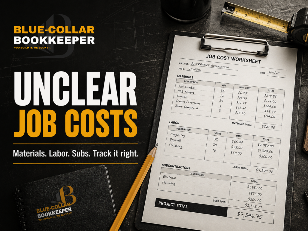 A desk with a clipboard showing a job cost worksheet, calculator, pen, and ruler. Text reads: Unclear Job Costs. Materials. Labor. Subs. Track it right. Blue-Collar Bookkeeper branding is visible.
