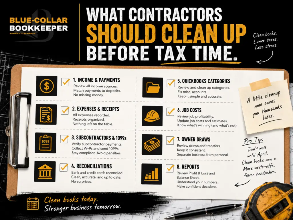 A checklist clipboard with tax tasks, tips for contractors, and advice on cleaning books before tax time. The design is bold with black, white, and yellow colors, and text highlights organization and lower stress for tax season.
