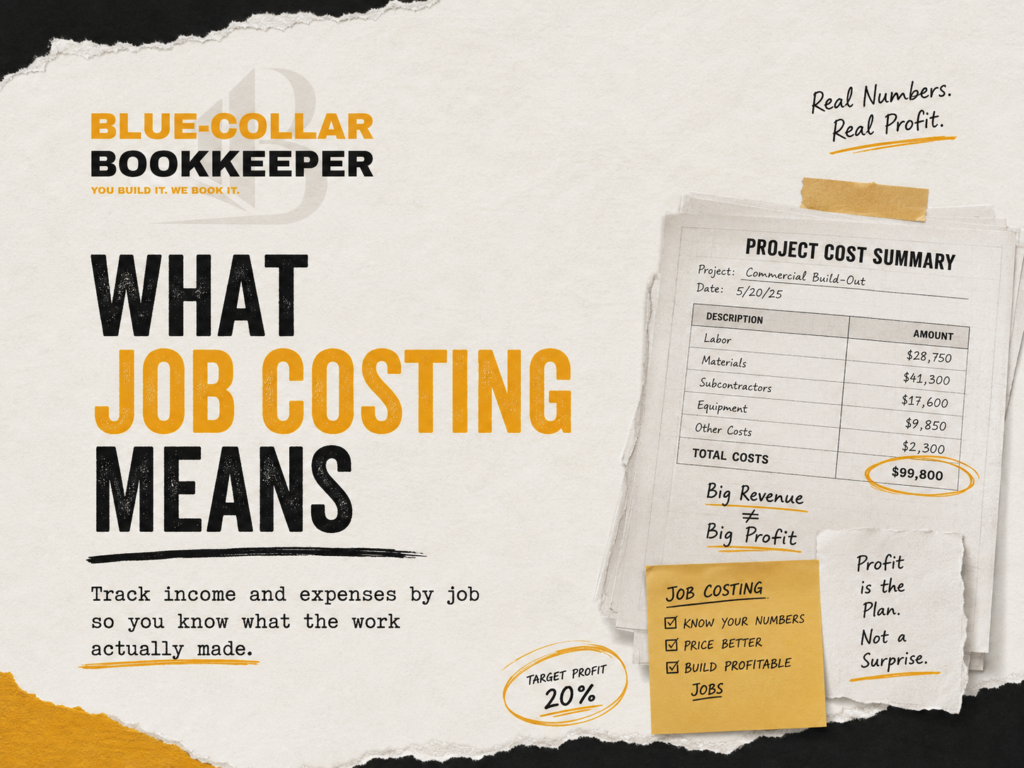 A graphic with the title What Job Costing Means, showing a project cost summary, a profit target of 20%, and notes about tracking income and expenses by job to improve contractor profit margins for better profit.