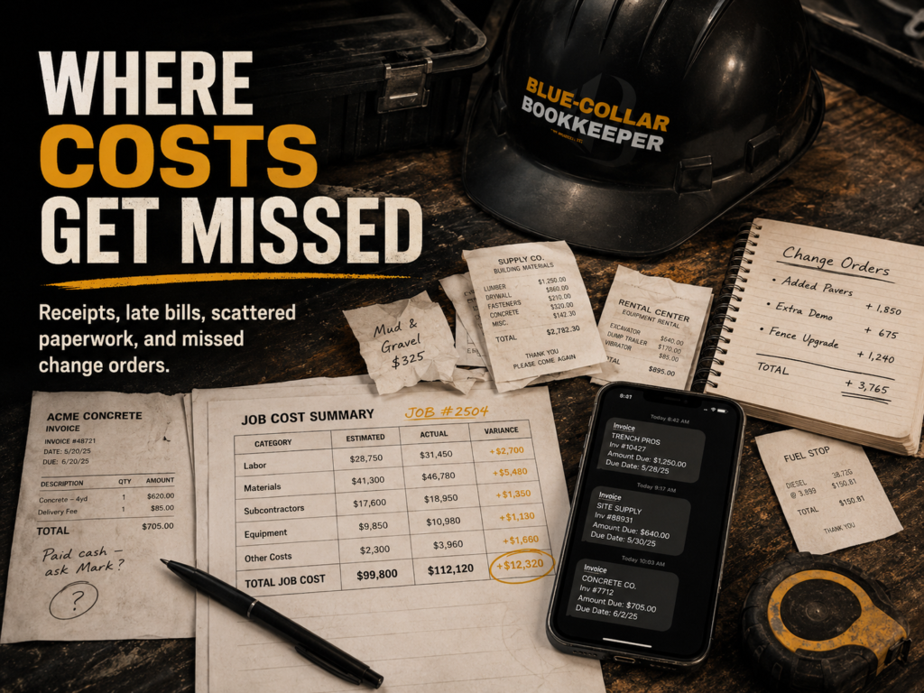 A cluttered desk with receipts, invoices, a calculator, a phone showing job costs, a hard hat labeled Blue-Collar Bookkeeper, and paperwork, highlighting disorganized job costs in construction.