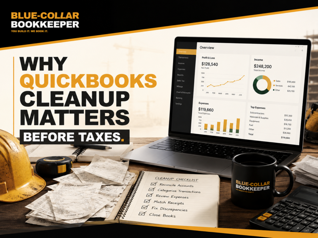 A desk with construction gear, paperwork, a laptop displaying QuickBooks, and a mug. Text: Why QuickBooks Cleanup Matters Before Taxes. BLUE-COLLAR BOOKKEEPER branding and a cleanup checklist are visible.