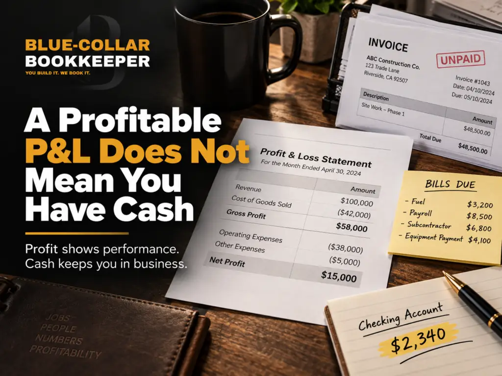 A desk with financial documents, including an unpaid invoice, a contractor P&L report, bills due, and a checkbook showing $2,340. Text says: A Profitable P&L Does Not Mean You Have Cash.