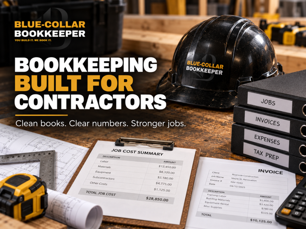 Construction desk with hard hat, binders labeled Jobs, Invoices, Expenses, Tax Prep, a clipboard with a job cost summary and an invoice—plus essential tools—all under the headline Bookkeeping Built for Contractors. Gain clarity on profit and loss for contractors to better manage your business finances and see exactly what a contractor P&L shows about each project’s bottom line.