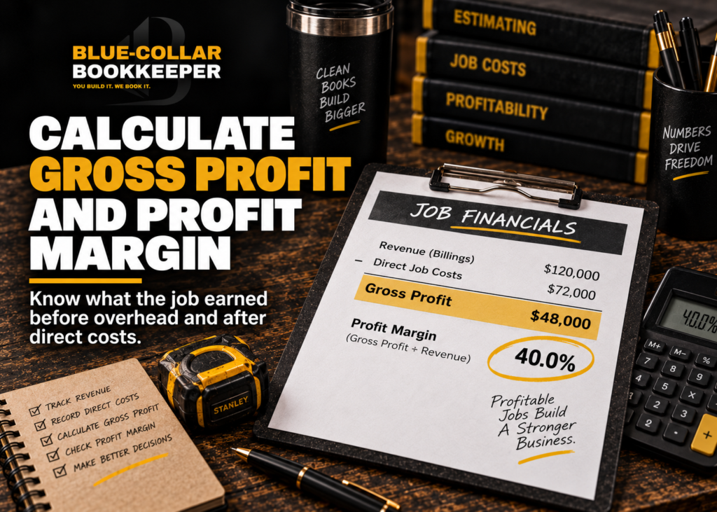A clipboard shows job financials, including revenue, direct job costs, gross profit, and profit margin. Tools, a notebook, and a calculator are on a wooden desk. Text explains how to calculate gross profit and profit margin.