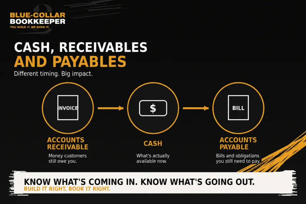 Accounts receivable, cash, and accounts payable graphic showing how customer payments and business bills affect cash timing.