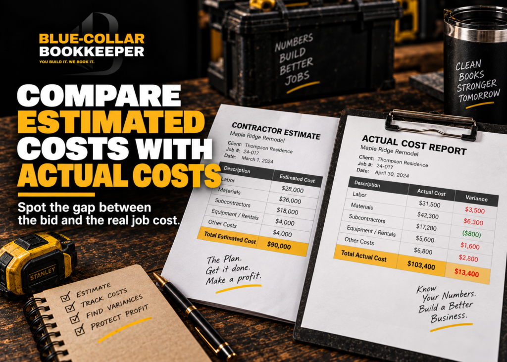 Job profitability reports show a contractor estimate compared with actual materials, labor, subcontractor, and project costs.