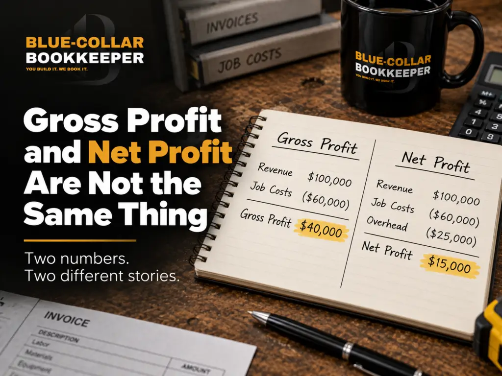 A desk with invoices, a mug, and two notebooks showing the difference between gross profit ($40,000) and net profit ($15,000), highlighting they are not the same thing—a clear visual example of what a contractor P&L or profit and loss report for construction business reveals.