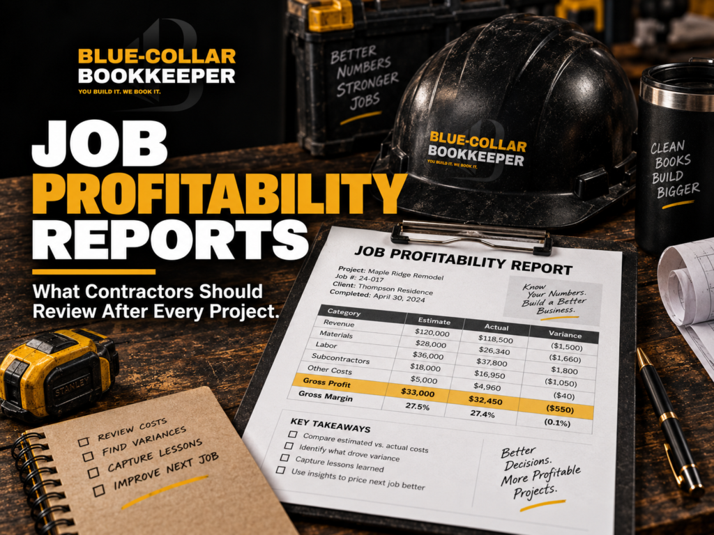 A desk with a hard hat, tape measure, and clipboard displaying a job profitability report for contractors, surrounded by work-related items and motivational books. Text reads: JOB PROFITABILITY REPORTS..