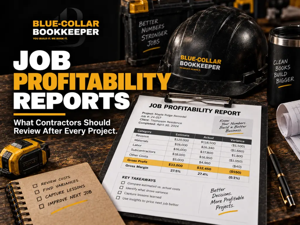 A desk with a hard hat, tape measure, and clipboard displaying a job profitability report for contractors, surrounded by work-related items and motivational books. Text reads: JOB PROFITABILITY REPORTS..