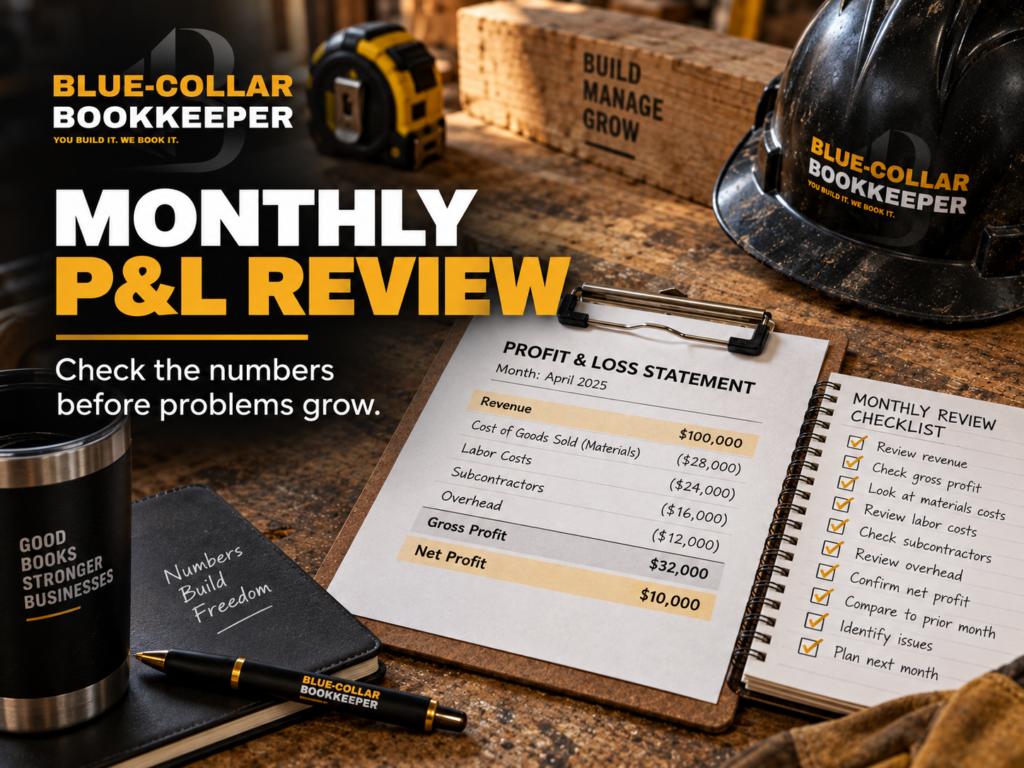 A desk with bookkeeping materials, a profit and loss statement, monthly review checklist, branded helmet, mug, pen, and hard hat for Blue-Collar Bookkeeper. Text says: Monthly P&L Review: Check the numbers before problems grow. Discover what a P&L shows contractors—get clear insights into your profit and loss for contractors before issues arise.
