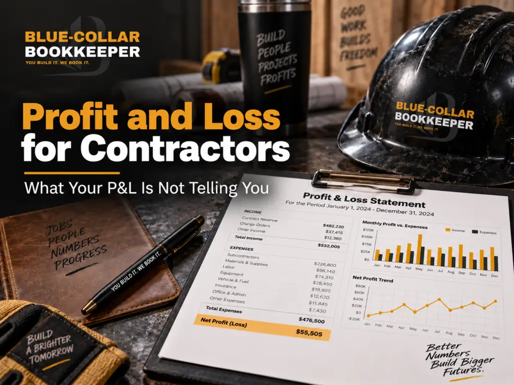 A desk with a Profit and Loss Statement, pen, coffee mug, hard hat, notepad, and clipboard—branded Blue-Collar Bookkeeper—emphasizes financial management for contractors. This scene highlights how understanding a profit and loss report for construction business is essential. Books and a motivational sign appear in the background, reinforcing the importance of tracking finances to ensure success.