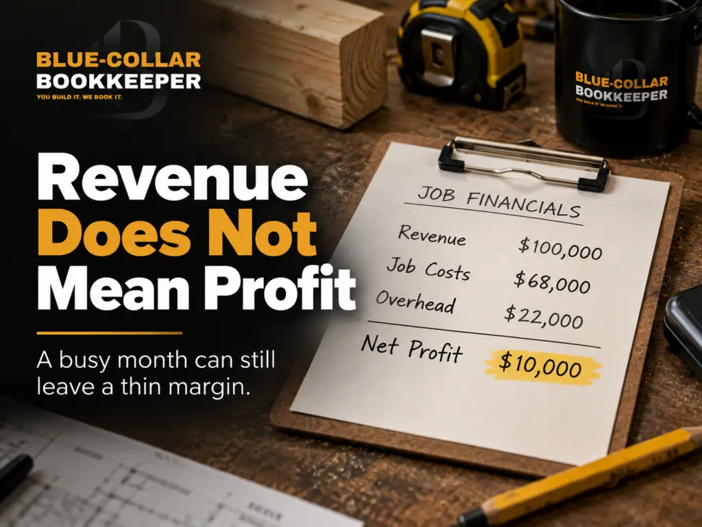 A clipboard displays job financials with revenue, costs, overhead, and net profit—illustrating a contractor P&L in action. Text highlights Revenue Does Not Mean Profit. Construction tools and notebooks are on the table, emphasizing the importance of understanding a profit and loss report for construction business success.