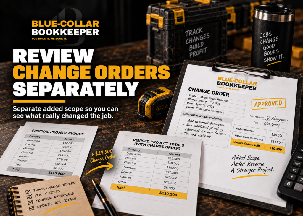 A desk with paperwork for change orders, a coffee cup, a pen, and a sign that reads Blue-Collar Bookkeeper. Text highlights the importance of reviewing change orders separately from original project totals.
