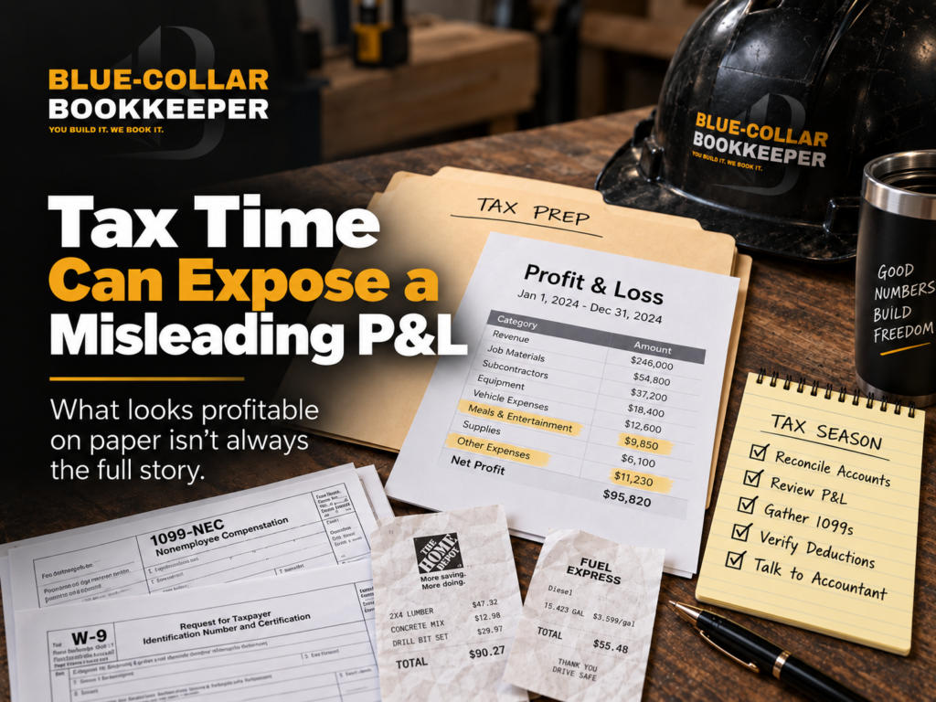 A desk with tax documents, receipts, a notepad, hard hat, calculator, and an envelope labeled PROFIT & LOSS highlights essential tax prep and bookkeeping tasks for the blue-collar industry—demonstrating how contractor P&L statements help track profit and loss for contractors during financial review.