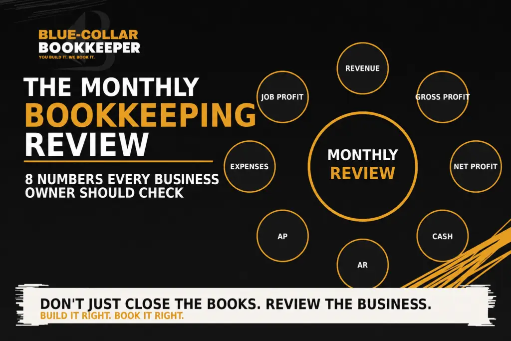Monthly bookkeeping review showing eight key financial numbers business owners should check, including revenue, profit, cash, receivables, payables, expenses, and job profitability.