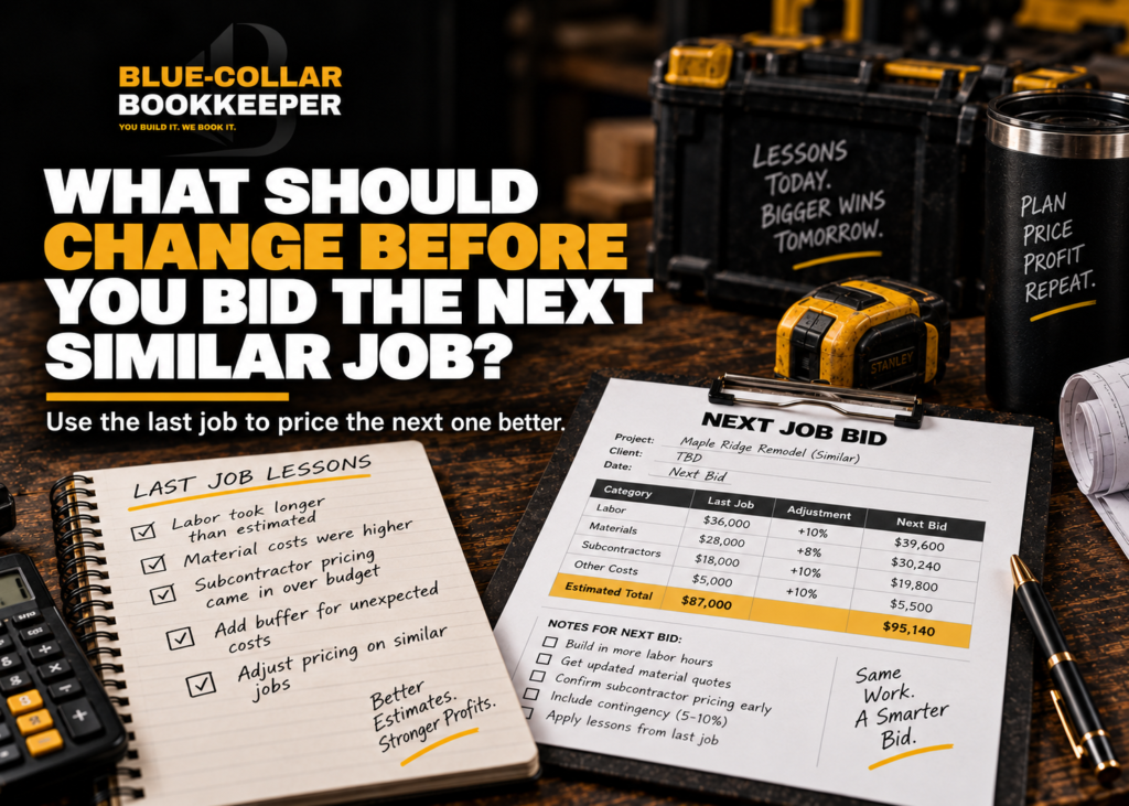 Overhead view of a desk with a calculator, notepad, coffee, papers, and a checklist for bidding on jobs. Bold text asks about changes before bidding on similar jobs, with highlighted phrases and budgeting notes visible.