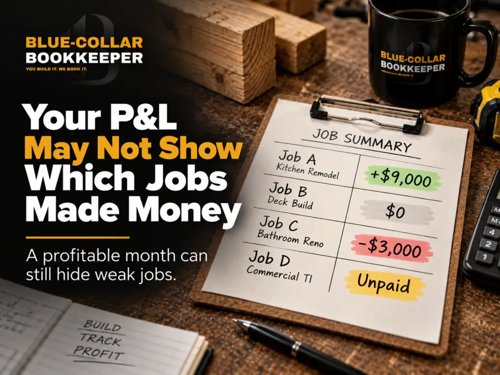 A desk with coffee, a pen, and a clipboard showing a job summary table with profits and losses on jobs. The text discusses how reviewing a profit and loss report for construction business operations—like a contractor P&L—may not reveal which specific jobs were profitable.