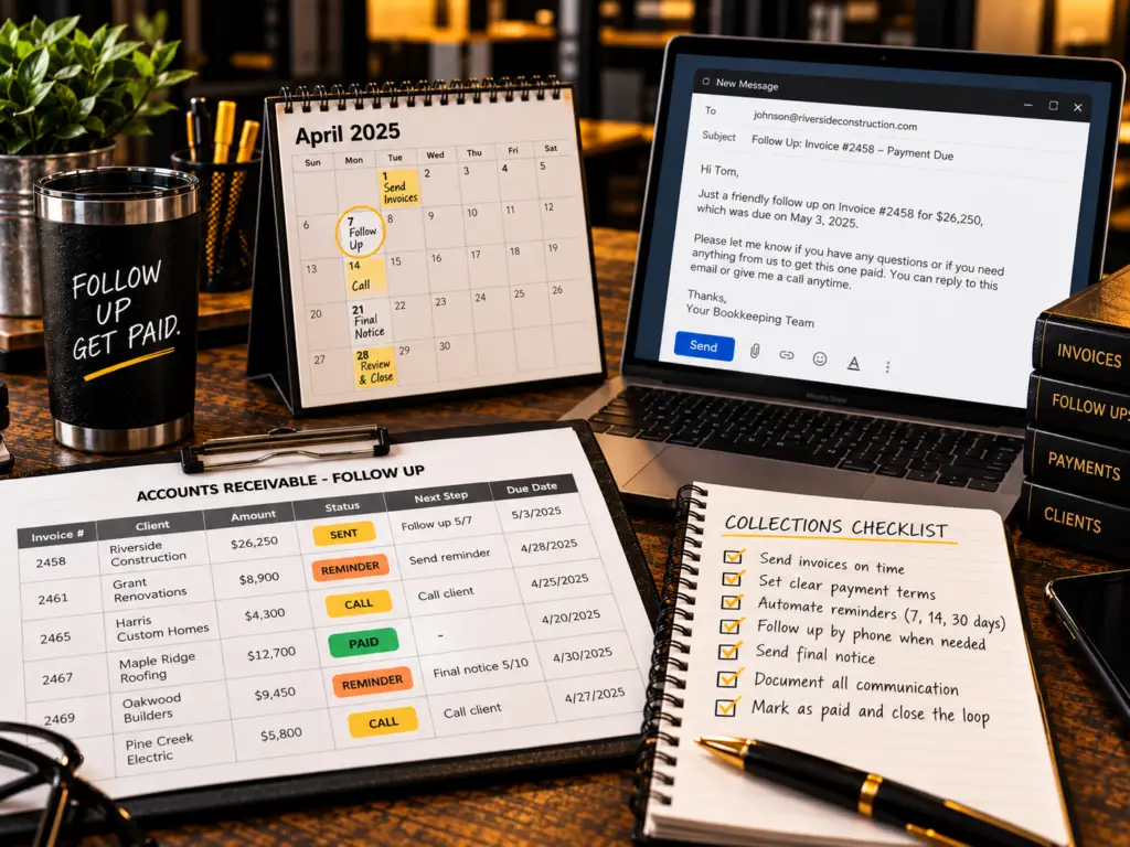 Accounts receivable follow-up workspace showing invoice status, scheduled reminders, customer communication, and payment tracking.
