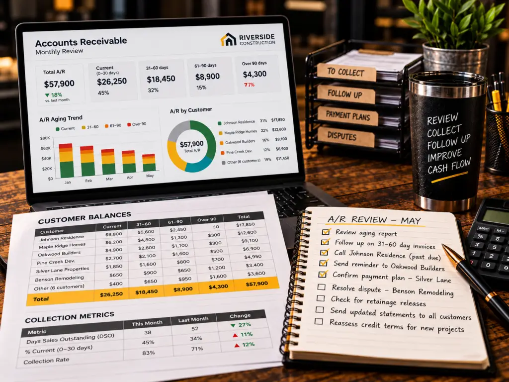 Monthly accounts receivable review showing customer balances, aging categories, outstanding invoices, and follow-up items.