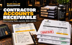 Construction accounts receivable workspace showing unpaid and paid contractor invoices, an accounts receivable aging report, and an invoicing follow-up checklist.
